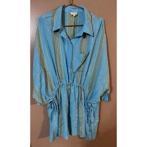 Elan Striped Blue And Green Cinched Tunic Dress/shirt Size Medium
